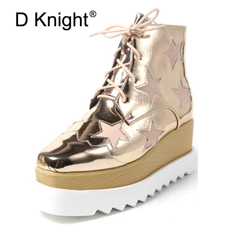 

2017 Winter Women Ankle Boots Bling Stars Platform Wedges Shoes Woman Patent High Heels Creepers Lace Up Ladies Oxfords Shoes