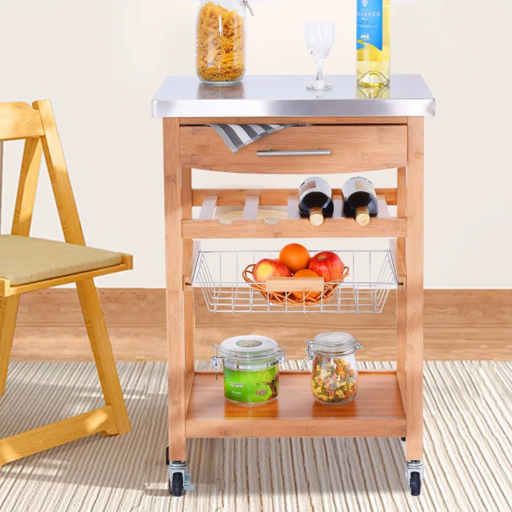 

Giantex Bamboo Rolling Kitchen Trolley Storage Island Serving Cart Stainless Steel Top Home Furniture HW57353