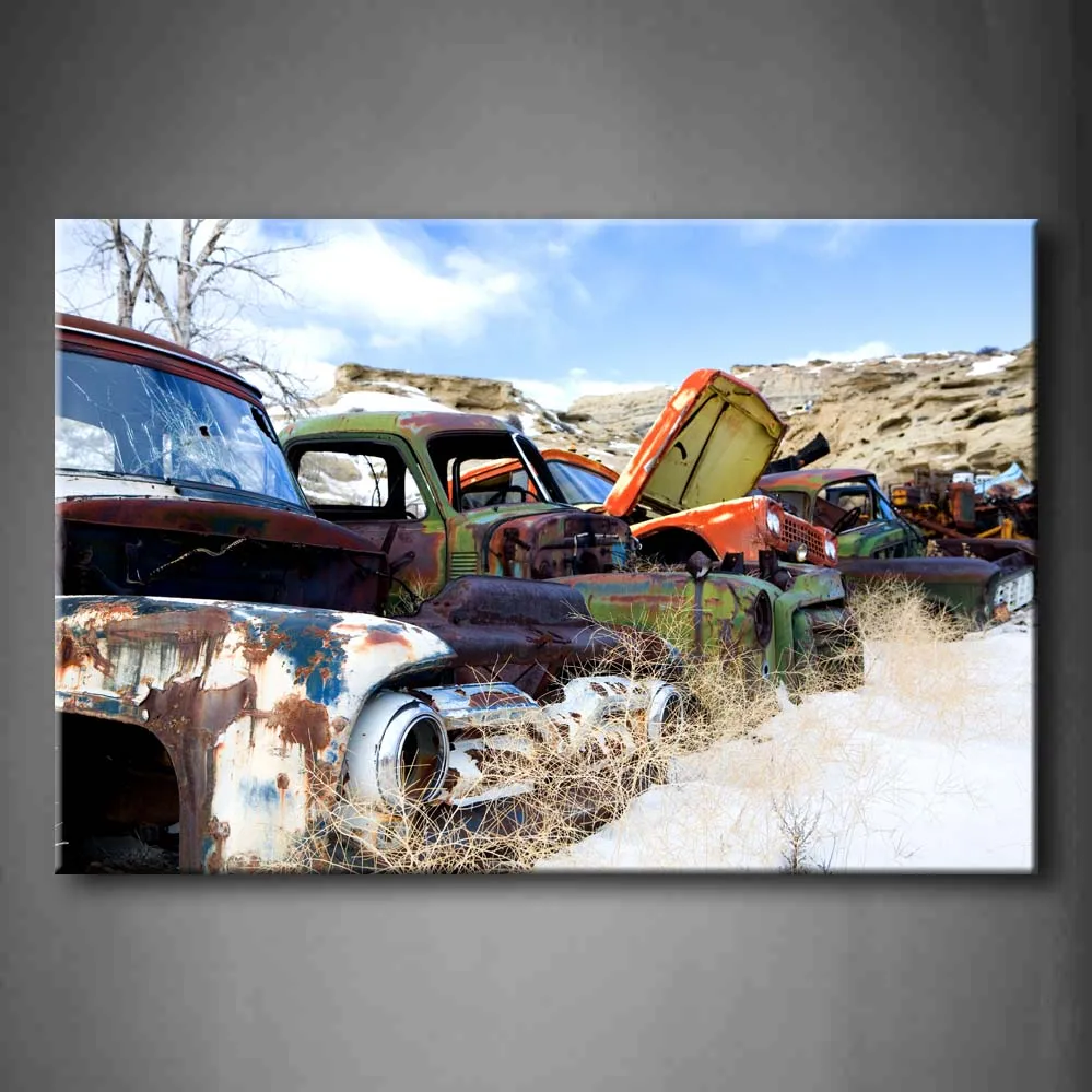 

1 Pic Framed Wall Art Pictures Cars Junkyard Winter Canvas Print Artwork Car Modern Posters With Wooden Frames For Decor