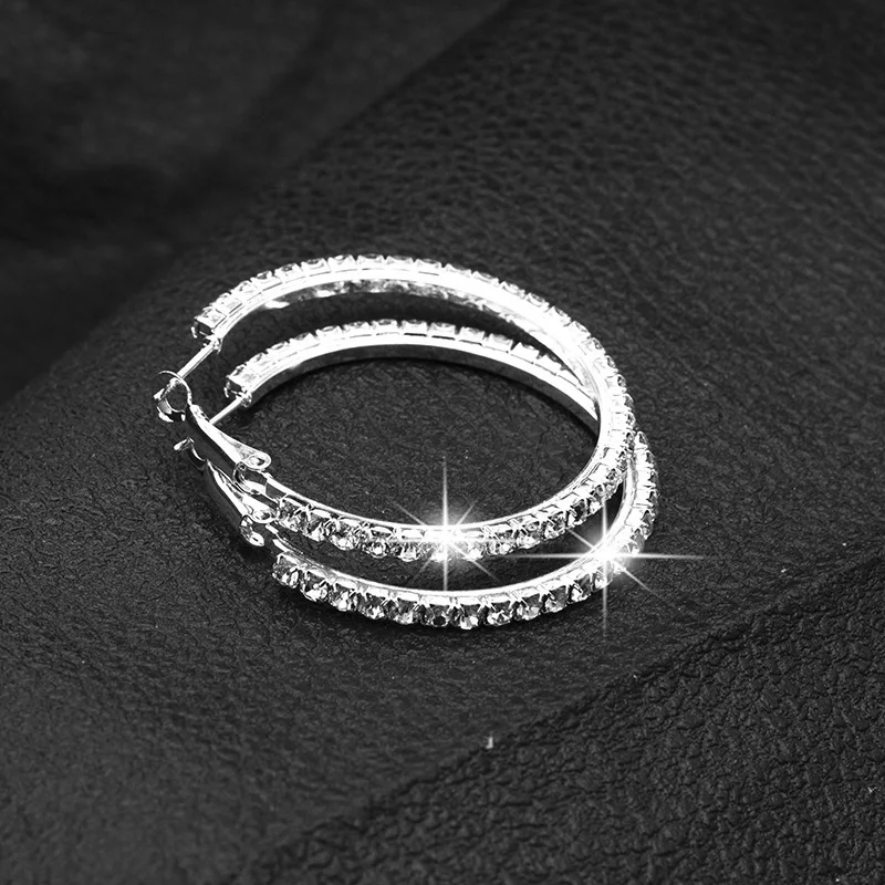 Popular earring With rhinestone 25mm-65mm Crystal circle hoop earrings Simple big circle Silver plated hoop earrings for women