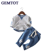 GEMTOT Children s Clothing Boy Summer Suit 2017 Long Sleeve Striped Round Collar Casual T Shirt