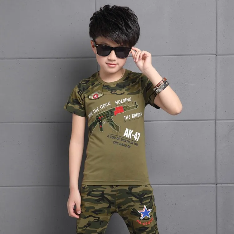 

2019 Summer Boys Clothing Set Short-Sleeve Camouflage Set Children's Clothing Cotton Army Green Kids Suit For 5-13Y