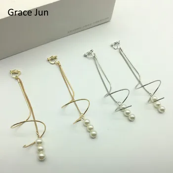 

Grace Jun Korea Style Long Tassel Simulated Pearl Geometric Clip on Earrings No Pierced for Women Charm Pierced Earrings Bijoux