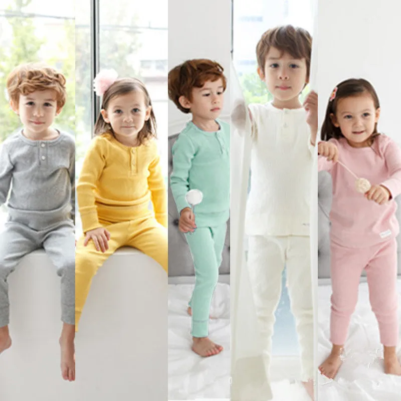 10 Цвета Модный хлопковый однотонный комплект из Цвет, теплые пижамные комплекты Демисезонный с длинными рукавами пижамный комплект с круглым вырезом+ длинные штаны домашняя ClothingDT0346