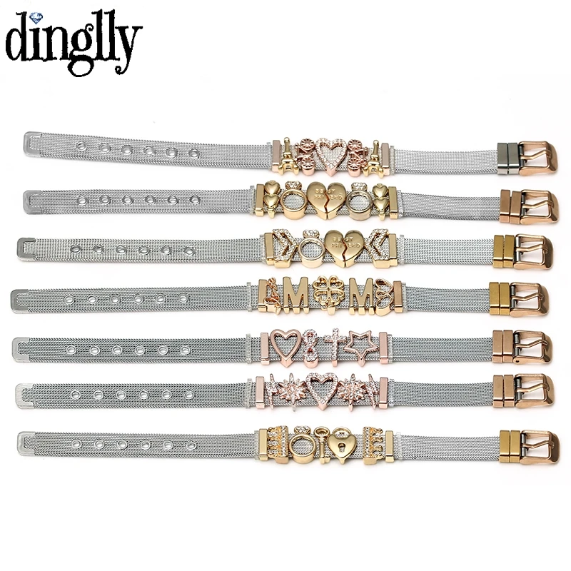 DINGLLY Two-tone Stainless Steel Mesh Bracelets For Women Men Love Heart Beaded 10mm Ribbon Mesh Bracelet & Bangle Gifts Bracelet Jewelry