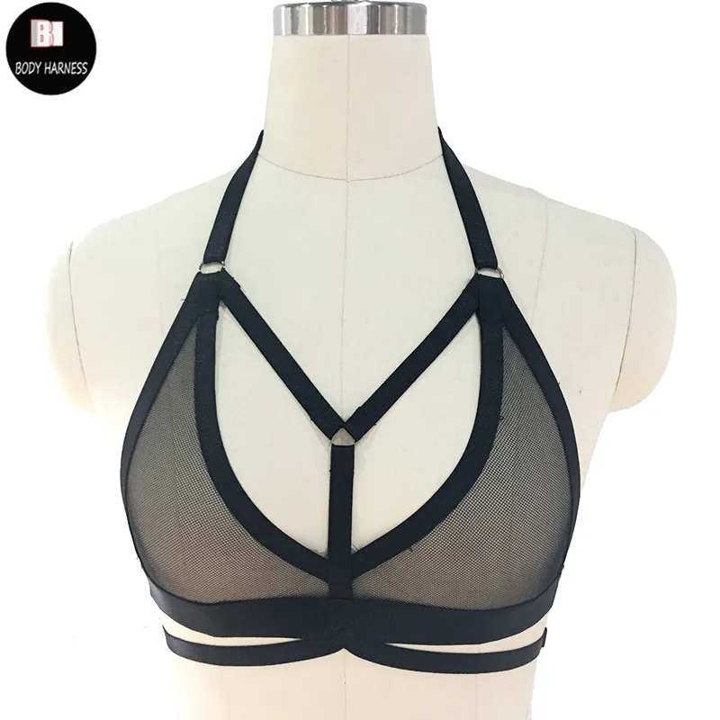 

Women Sexy Harness Cage Bra Top Perspective Sheer See Strappy Mesh Harajuku Lingerie Body Bondage Rave Punk Wear Gothic Belt