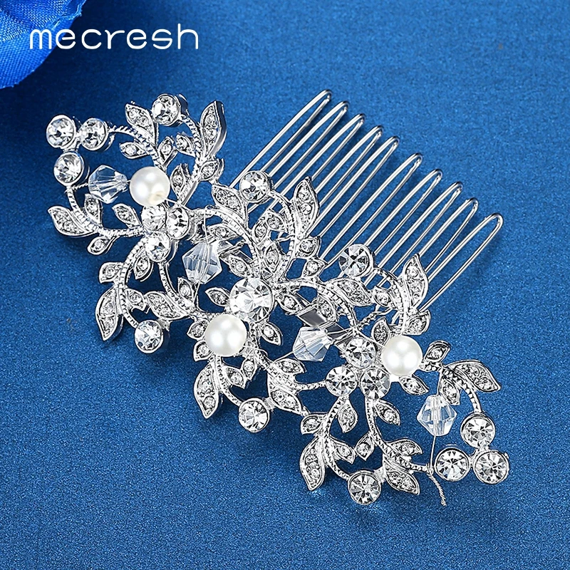 

Mecresh Handmade Simulated Pearl Wedding Hair Accessories Plant Shape Crystal Bridal Combs Tiara Jewelry Christmas Gift FS067