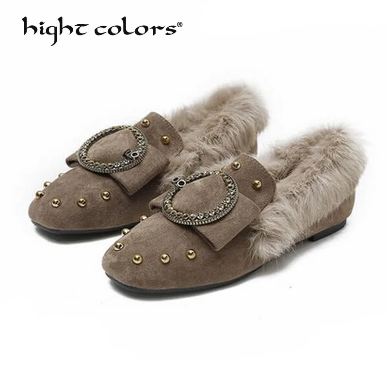 

Size 35~43 Ladies flats Rabbit Fur Women shoes Autumn winter Round toe Comfortable Black Grey Slip on casual flock shoes 888-22