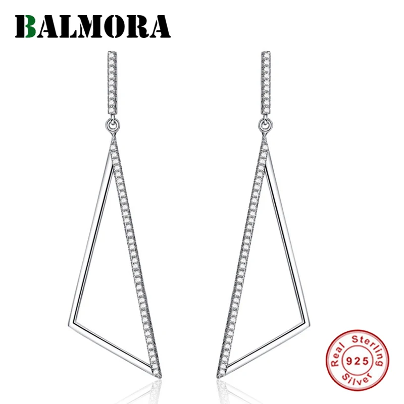 

BALMORA 925 Sterling Silver Triangular Zircon Long Dangle Earrings for Women Lady Gift Earrings Fashion Jewelry Brincos JWSE0209