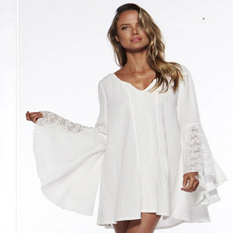 

Spring Autumn V-Neck Flare Sleeve Lace Patchwork Dress Casual Loose Dress Women Beach Party Short Dress New