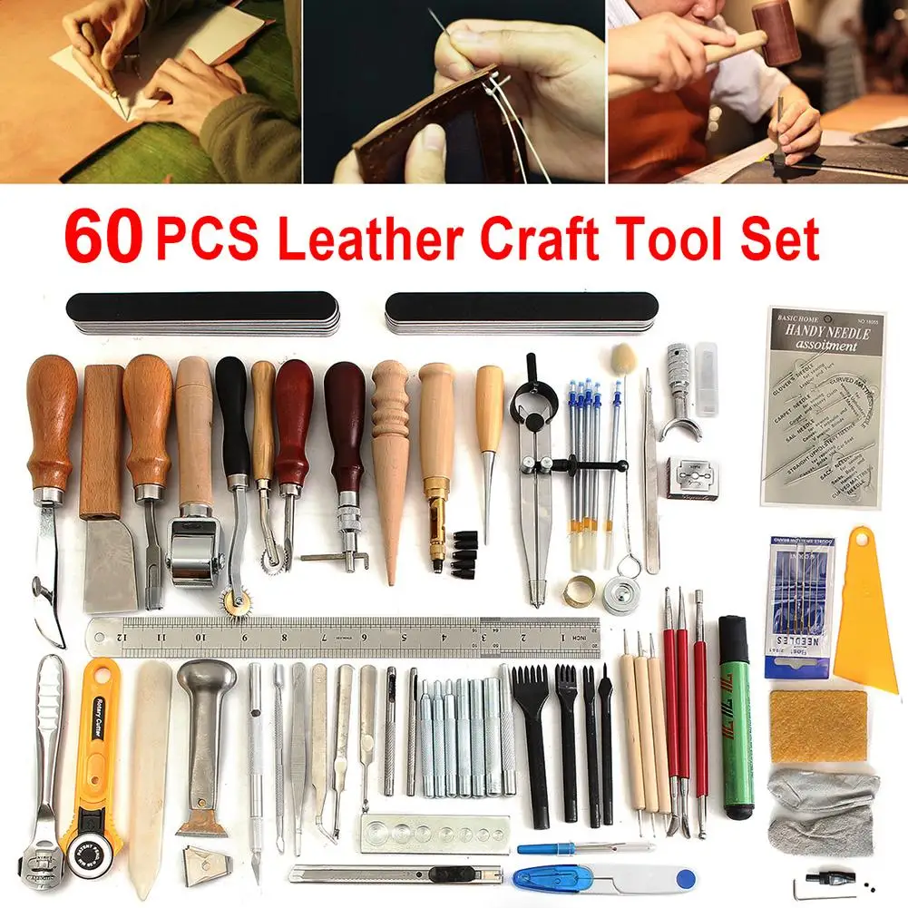 

60Pcs Leather Craft Tools Hand Sewing Stitching Carving Work Saddle Punch Kit