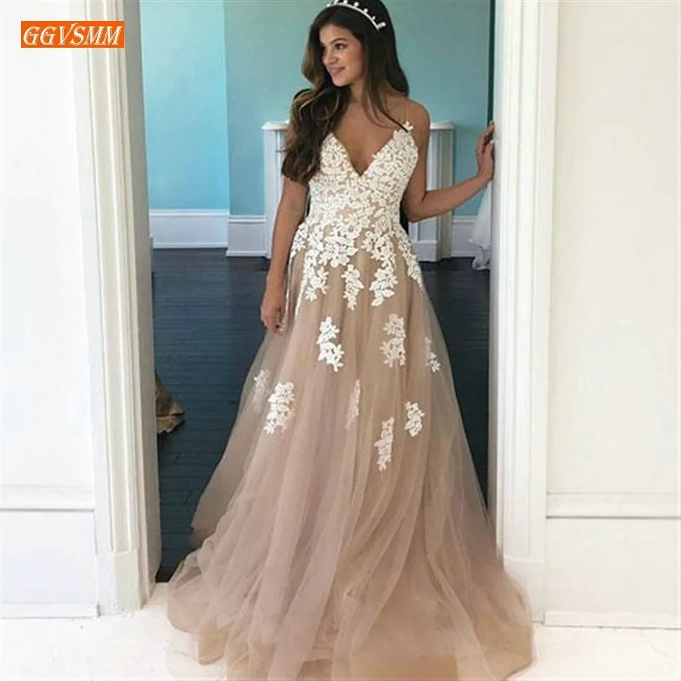 

Elegant Lace Appliqued Top Prom Dresses Long 2019 Brown Tulle A Line Prom Dress Spaghetti Straps Customized Women Formal Gowns
