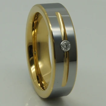 

6mm men/women jewelry fashion 2tone gold plating clear cz stone inlayed hi-techwedding tungsten ring
