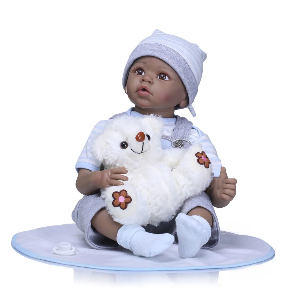 

Black doll reborn 22"55cm silicone reborn baby dolls real alive newborn babies boy girl with bear pacifier children gift