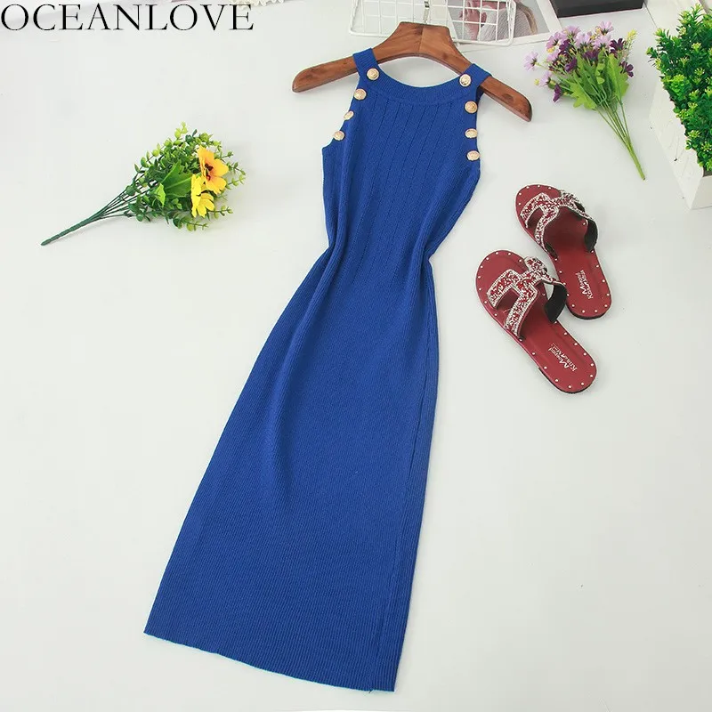 

OCEANLOVE Bodycon Halter Women Sexy Dress Solid Button High Waist Vestidos Fashion Knitted Stretch Korean Vintage Dresses 12437