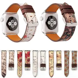 Цветочный принт кожаный ремешок для наручных часов Apple Watch, ремешок 42/44 мм 38/40 мм, Версия 1, 2 3 4 Ретро штамп музыкальная нота Напульсники для