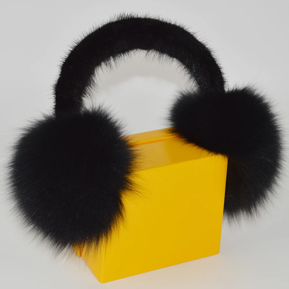 New Real Big Fox Fur Earmuffs Women Winter Fluffy Genuine Fox Fur Ear Muffs Lady Luxury With Mink Fur Ear Cover Earflap