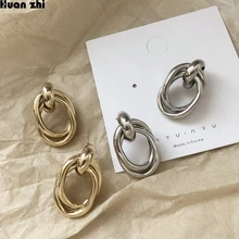 HUANZHI простой дизайн позолоченные медные металлические геометрические двойные круглые намотки крест серьги гвоздики для женщин девушек