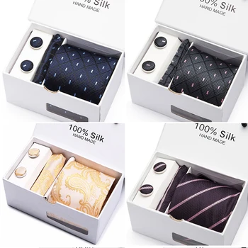 

Tie Silver Novelty Jacquard Woven 100% Silk Brand Tie Hanky Cufflinks Set For Wedding wholesale group tie gift box 2 pcs/lot