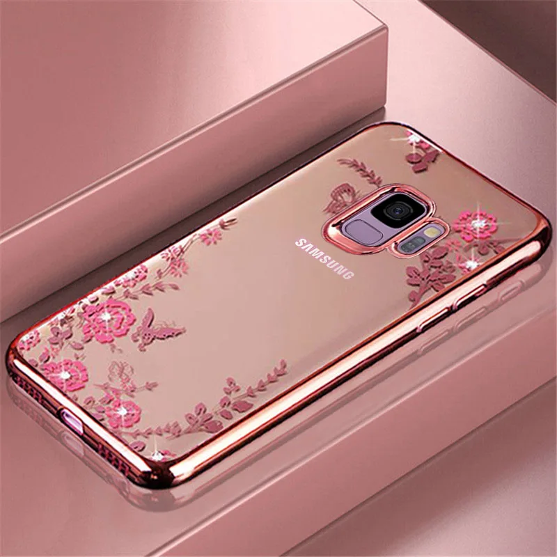Jewelled Glitter Plating Cover Soft TPU Flower Phone Case For Samsung