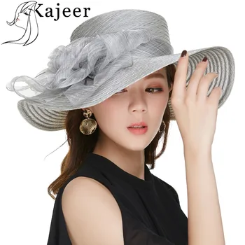 

Kajeer Elegant Women Church Hat For Summer Yarn Gray Women Flower Organza Sun Visor Large Brim Hats Chapeu Feminino Praia Cap