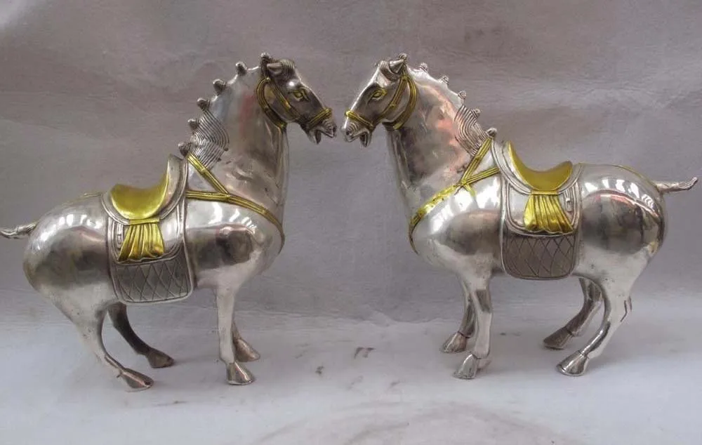 

free shipping 11 Chinese Royal White copper silver Lucky Steed Tangma War Horse Statue Pair
