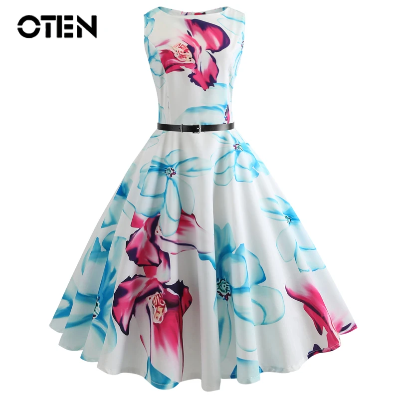 

OTEN Vestidos verano 2018 summer clothes for women Sleeveless Elegant Floral Print Zipper Dresses Vintage Ball Gown party dress