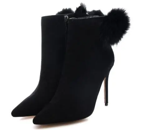 

Basic black pointed toe high heel ankle boots for women Ladies hair zipper super high thin heel short boots Big size 34-45