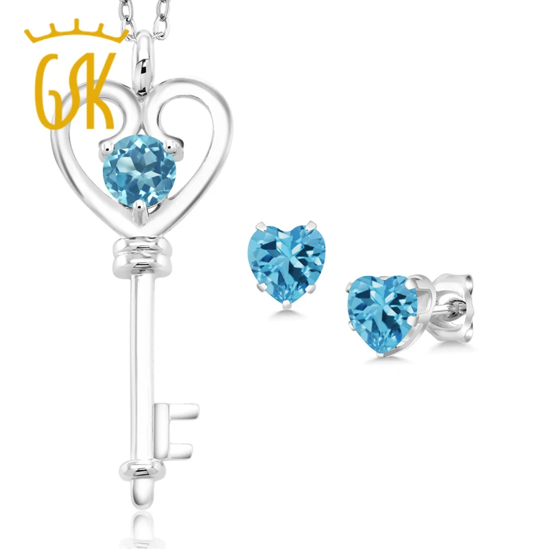 

GemStoneKing 1.67 Ct Round Natural Blue Topaz Key Pendant Earrings Set 925 Sterling Silver Jewelry Sets For Women