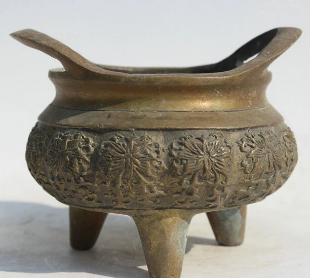 

860++4" Old Chinese Dynasty Palace Copper Round Flower 3 Foot Incense Burner Censer statue