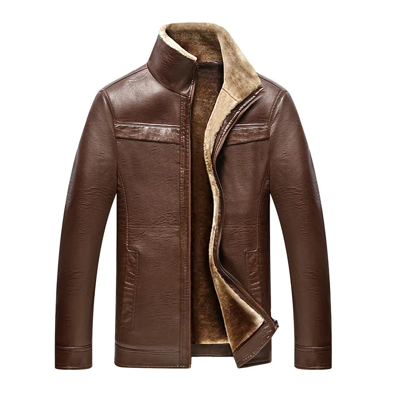 Горячие осенние и зимние качественные мужские кожаные куртки, теплая куртка, деловое повседневное пальто, одежда плюс бархатное Мужское пальто - Цвет: brown