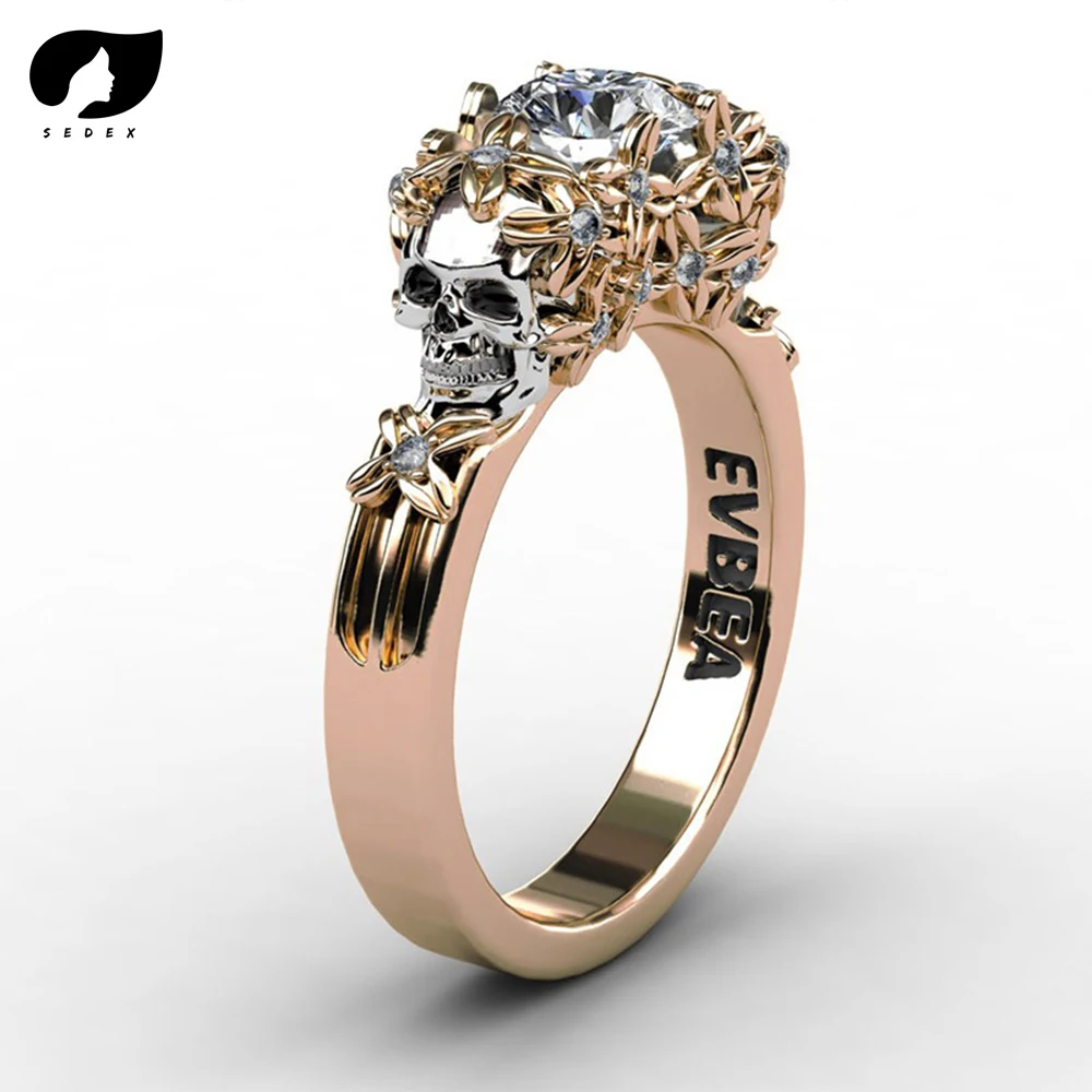 SEDEX элегантное из нержавеющей стали золотой череп женское кольцо с цирконом Хэллоуин Позолоченные ювелирные изделия обручальные свадебные CZ кольца