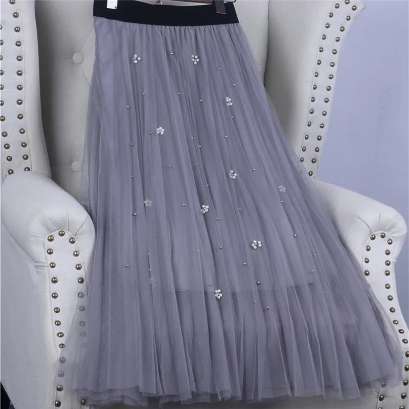 64568 light grey Модная летняя однотонная женская плиссированная юбка Новое поступление длинная юбка из фатина Женская Горячая Распродажа юбка трапециевидной формы с бисером в 9 цветах 64568 - Цвет: 64568 light grey