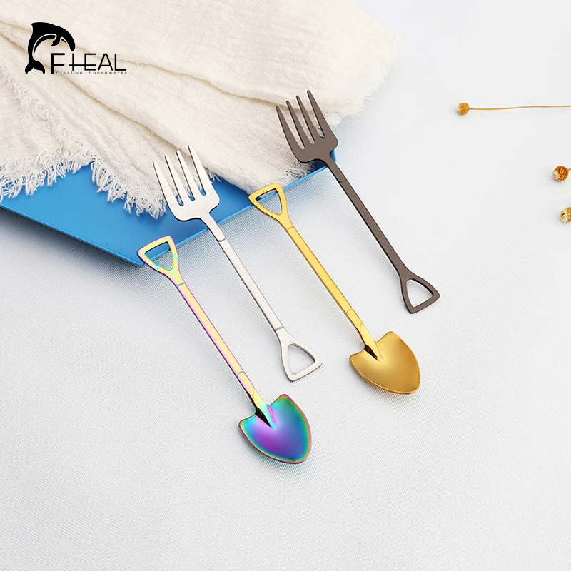 

FHEAL Stainless Steel Shovel Shape Spoon And Fruit Fork Creative Mnin Coffee Spoon Dessert Fork For Tea Coffee Sugar Ice Cream
