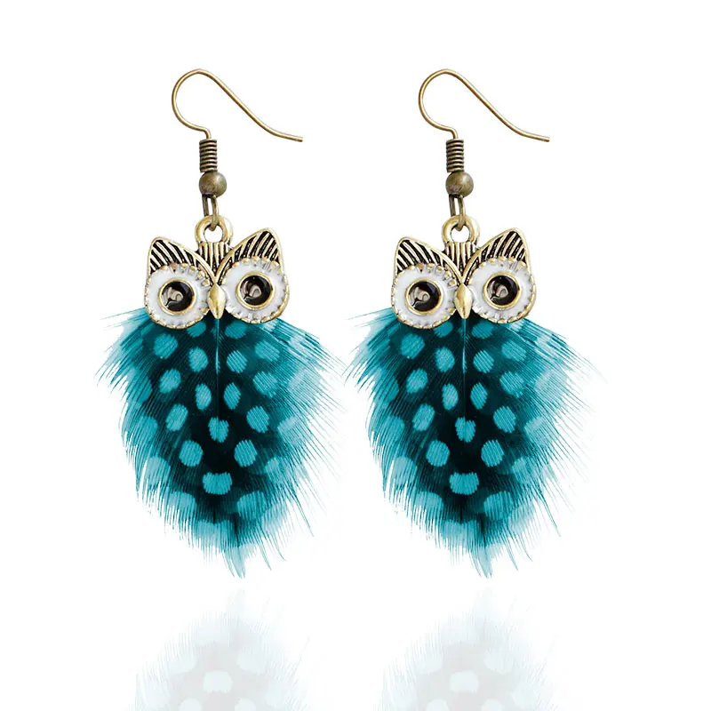 

Cute Owl Earrings Bohemian Green Blue Feather Earrings for Women Fashion Hook Drop Earrings Long Animal Jewelry boucle d'oreille