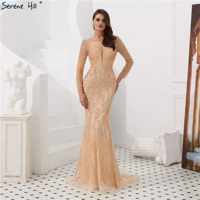 

Sexy Sheer Neckline Gold Evening Dresses 2019 New Beaded Mermaid Illusion Back Formal Dress Party Gown BLA6506
