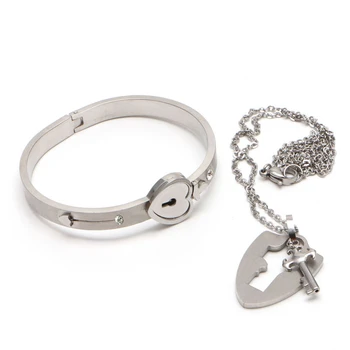 

JAVRICK 1 Set Trend Couple Titanium Steel Heart Bangle Bracelet & Key Pendant Necklace Love Sets Gift for Women Men