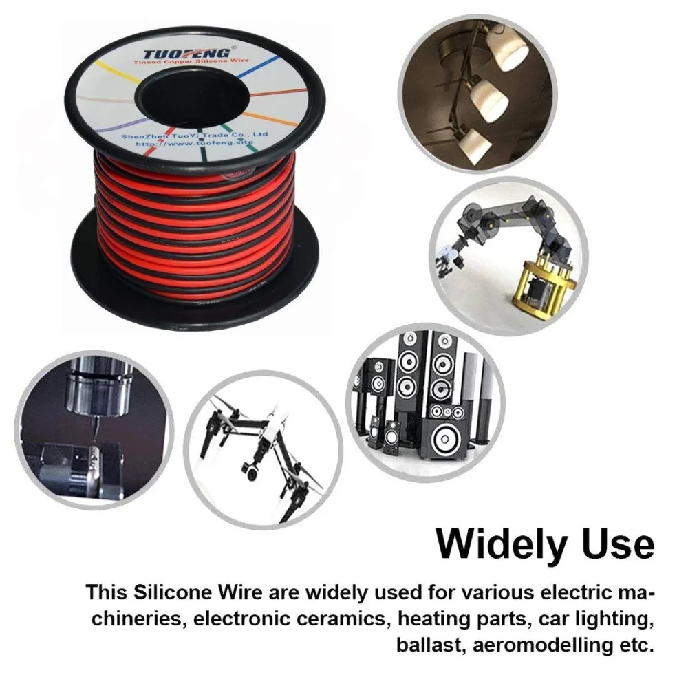 16 awg провод, 66 футов силиконовый провод мягкий медный провод высокая термостойкость 2 Разделенные провода 33 фута черный и 33 фута Красный