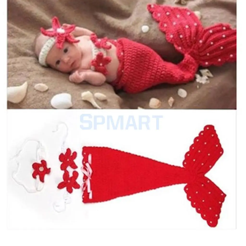 Newborn Baby Photography Prop Crochet Mermaid Headband Bra Tail Clothing Costume Set