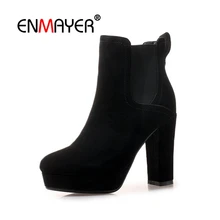 ENMAYER Woman Ankle boots High heels Winter Women Boots Cow Suede Fashion Shoes women Elastic band Thick heels Round toe CR1562 fedonas high quality women cow suede ankle boots rhinestone wedding party shoes woman wedges high heels short martin shoes woman