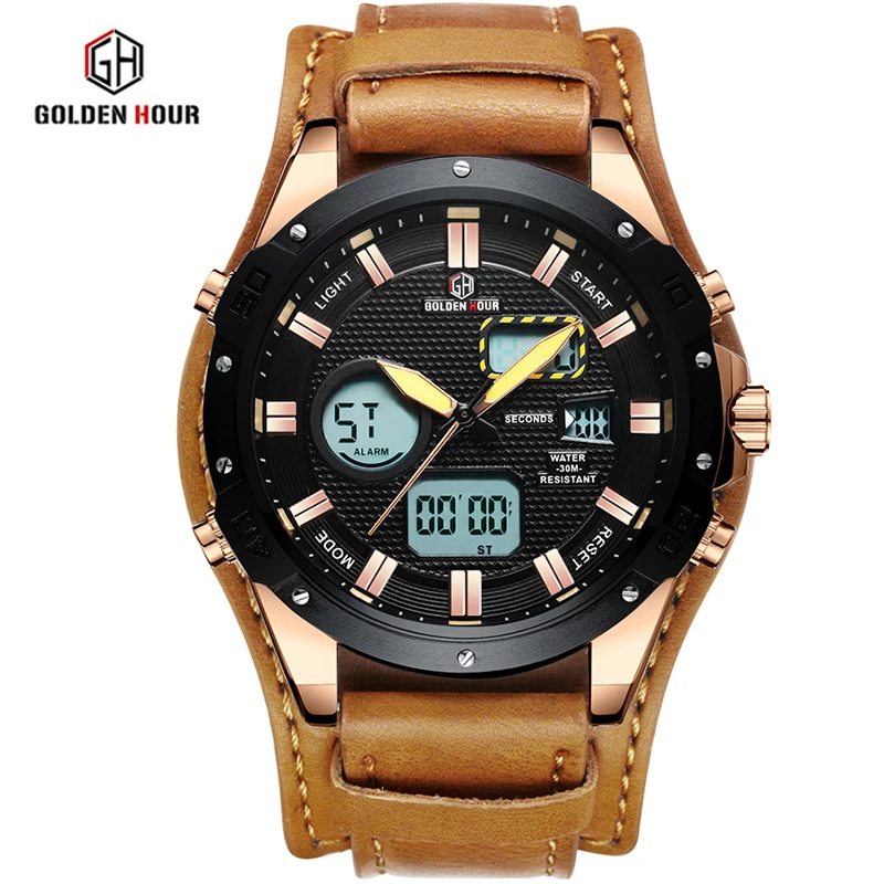 

Fashion Gold Men Sport GOLDENHOUR Watches Mens LED Analog Digital Watch Army Military Leather Quartz Watch Relogio Masculino