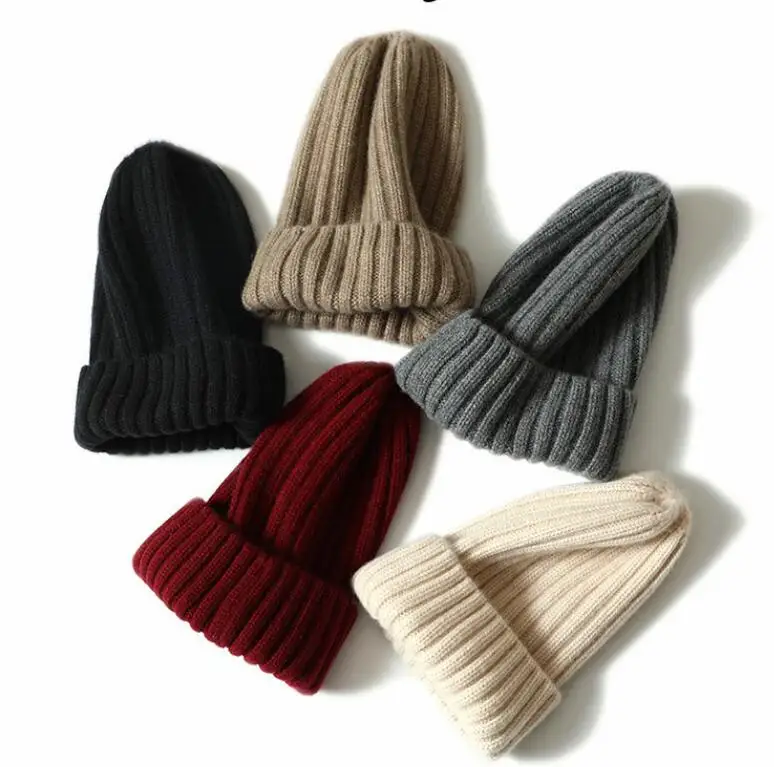 

100% Cashmere Hat Women Unisex Black Beige Pure Cashmere Knitted Cap Natural Fabric Soft Warm Hats Men Hot Free Shipping