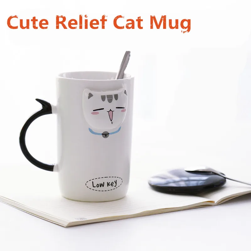 New Cartoon Relief Ceramic Mug Coffee Tea Mugs 410ml Cute Kitten Face Mugs with Lid Bottle