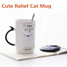 New Cartoon Relief Ceramic Mug Coffee Tea Mugs 410ml Cute Kitten Face Mugs with Lid Bottle