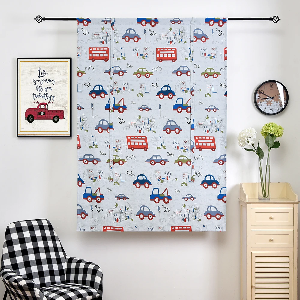 1 SINOGEM Thermal Insulated Blackout Curtain - CARS design Tie Up Shade for Small Window, Window Valance Balloon Blind For Child Room