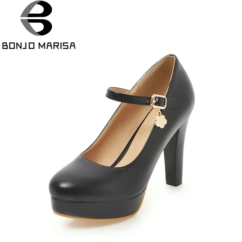 

BONJOMARISA 2018 Spring Autumn Elegant Round Toe Ankle Strap Pumps Plus Size 31-47 Platform High Heels Shoes Woman