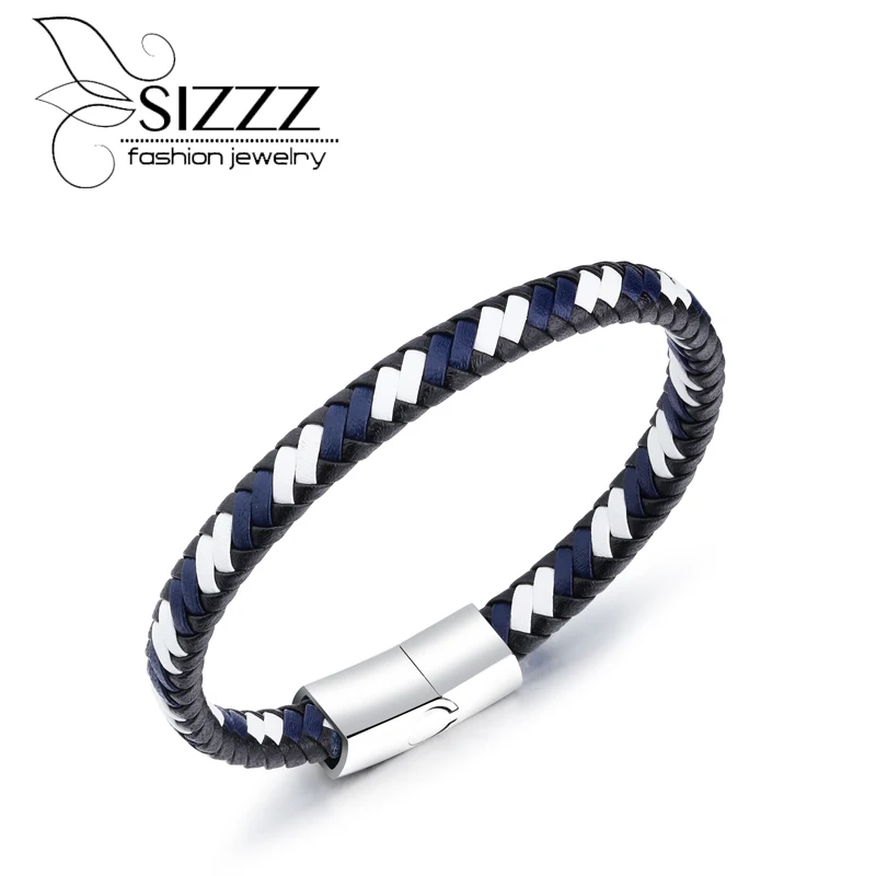 

SIZZZ 2017 New Fashion Personalized leather handmade titanium steel white black men's leather Bracelet&Bangles