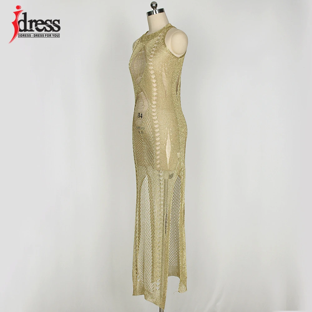 IDress Sexy Knitted Crochet Club Dress 2017 Summer Beach Sleeveless Maxi Dress Hollow Out See Through Purple Gold Beach Dress (8)