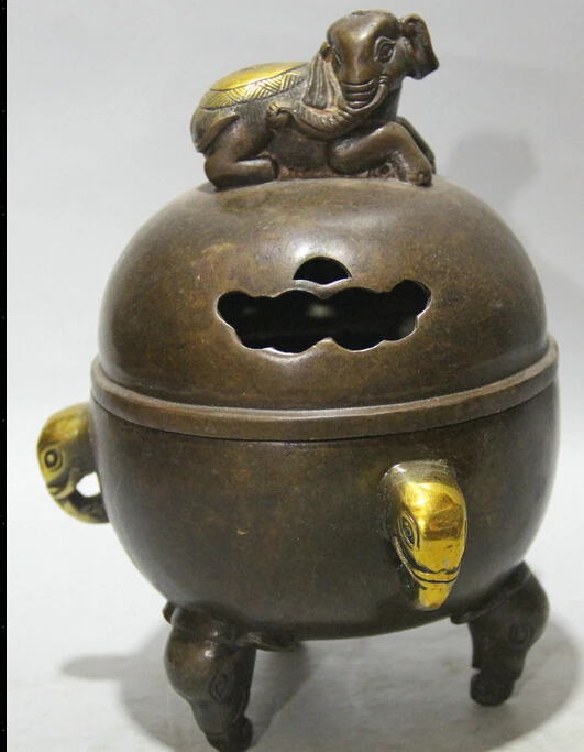 

7" Chinese Dyansty Palace Bronze Gild 3 Foot Elephant Zun Incense Burner Censer R0710