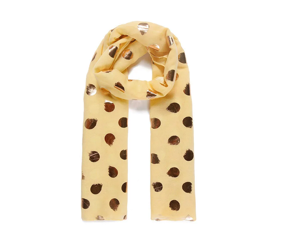 

Yellow unfinished brushed metallic foil dot printed long scarf
